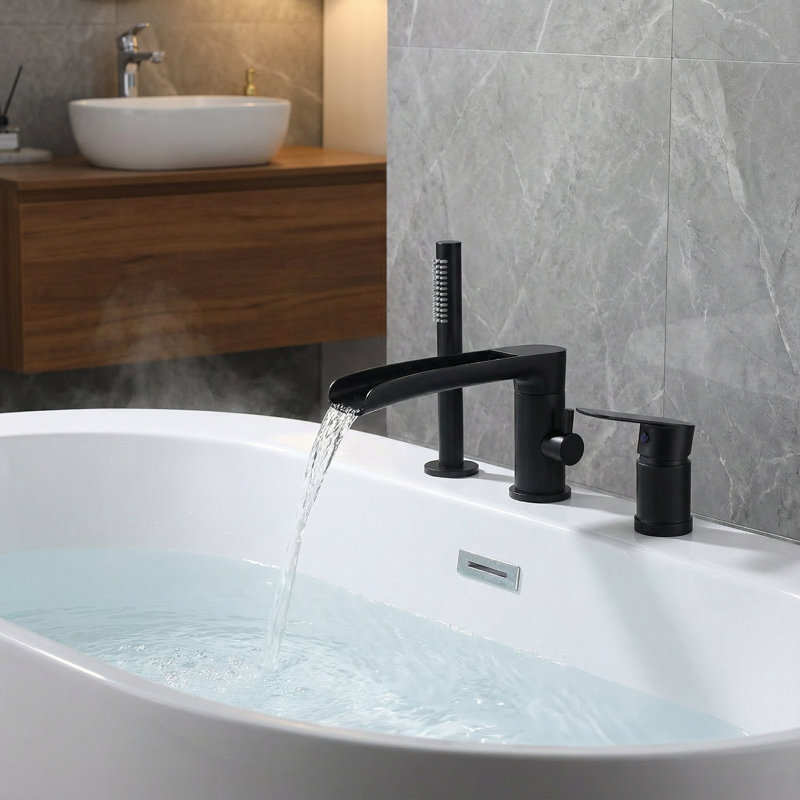 Robinet de baignoire à fixation sur plateau en laiton massif avec douche à main escamotable, Noir mat