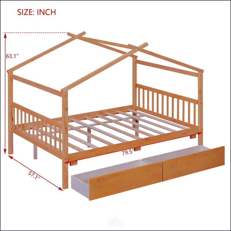Lit double en bois avec tiroirs, Double, Naturel
