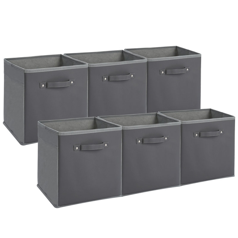 6-Pack 11 Inch Fabric Storage Bins with Faux Leather Handles, Foldable Cube Organizer Baskets for Shelves, Closet and Cube Storage, Gray