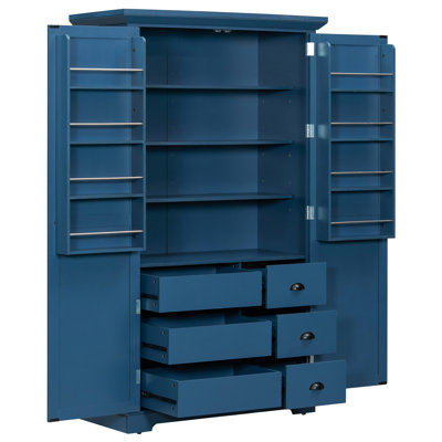 Garde-manger de style Shaker de 42 po x 20 po x 72 po avec tiroirs, armoire de rangement autoportante avec tablettes de porte, tablettes réglables et plateaux coulissants, bleu