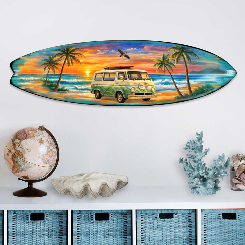 «Sunset Surf Van», art mural fait à la main, décor bord de mer par D. Debrekht, 17" H x 60" W