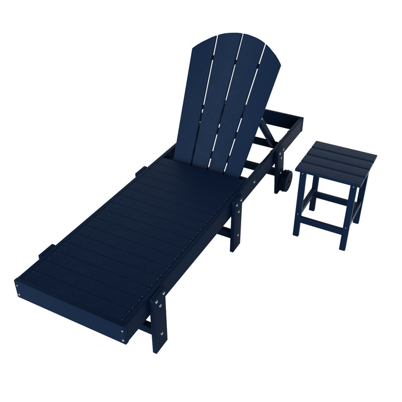 Laguna 77.6" Long Outdoor All-Weather Poly Reclining Single Chaise with Table, Navy Blue