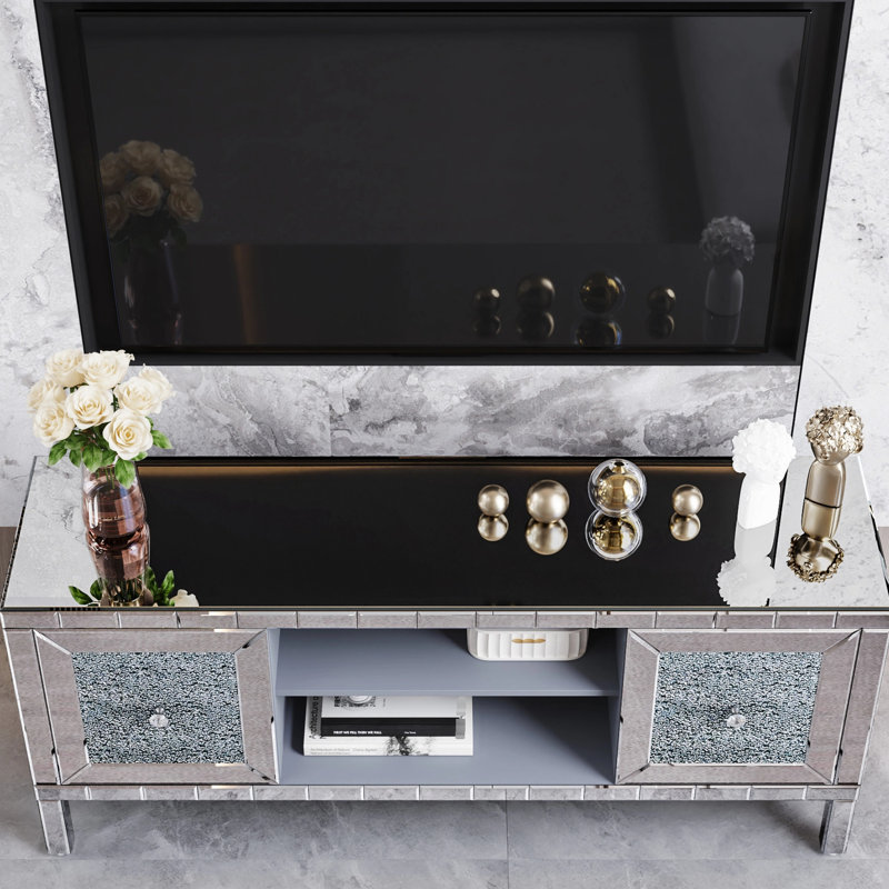 Meuble télé 60 po avec miroir moderne de 60 po, compatibilité de 65 po, portes d'armoire en forme de diamant, espace de rangement polyvalent dans le salon, espace de rangement, design chatoyant, support réglable
