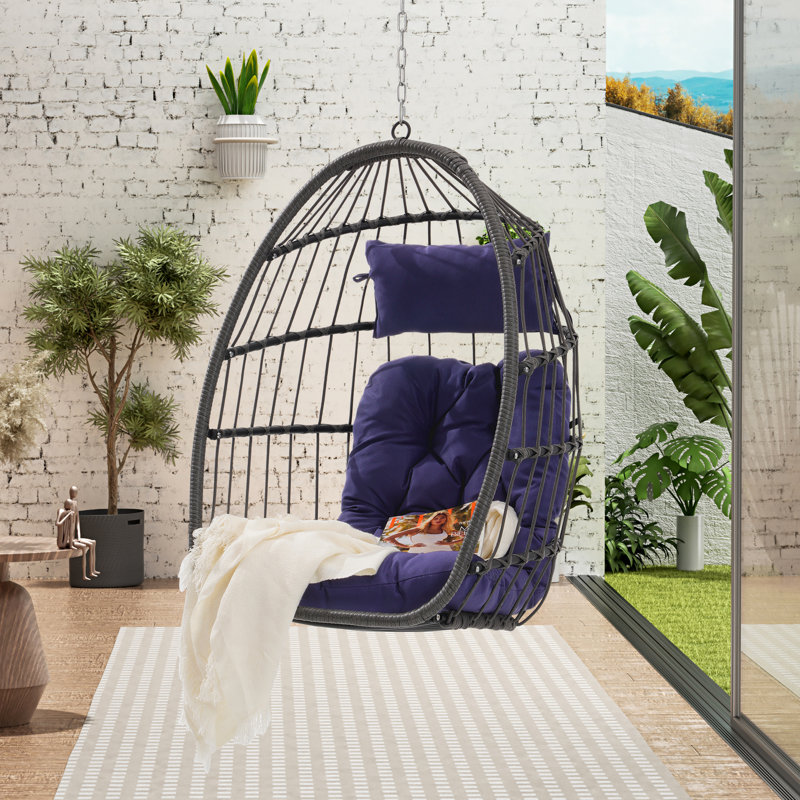 Outdoor Garden Egg Chair, Dark Blue, With Resistance And Fabric Blue Swing, Comfortable Padding Material, Dark Blue