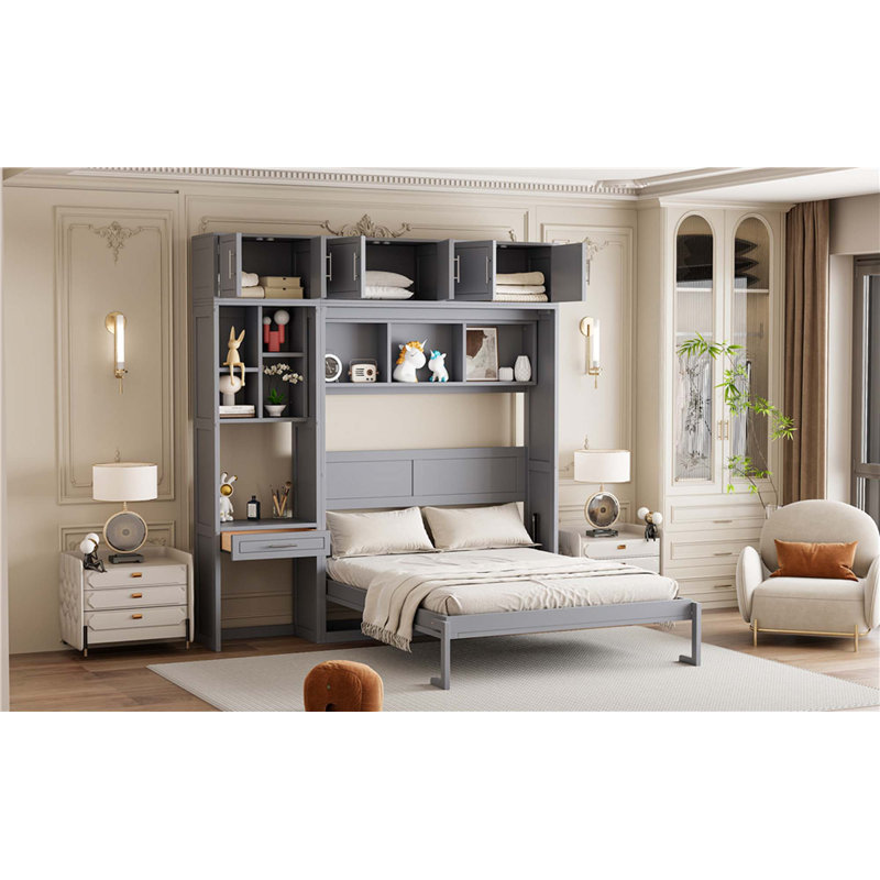 Lit escamotable mural avec bureau, armoire supérieure et tablettes de rangement, lit pliable peu encombrant, Gris, Grand lit