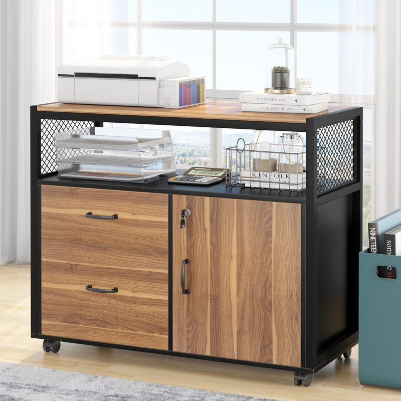 Walnut and Black Lockable File Cabinet with Drawers and Casters