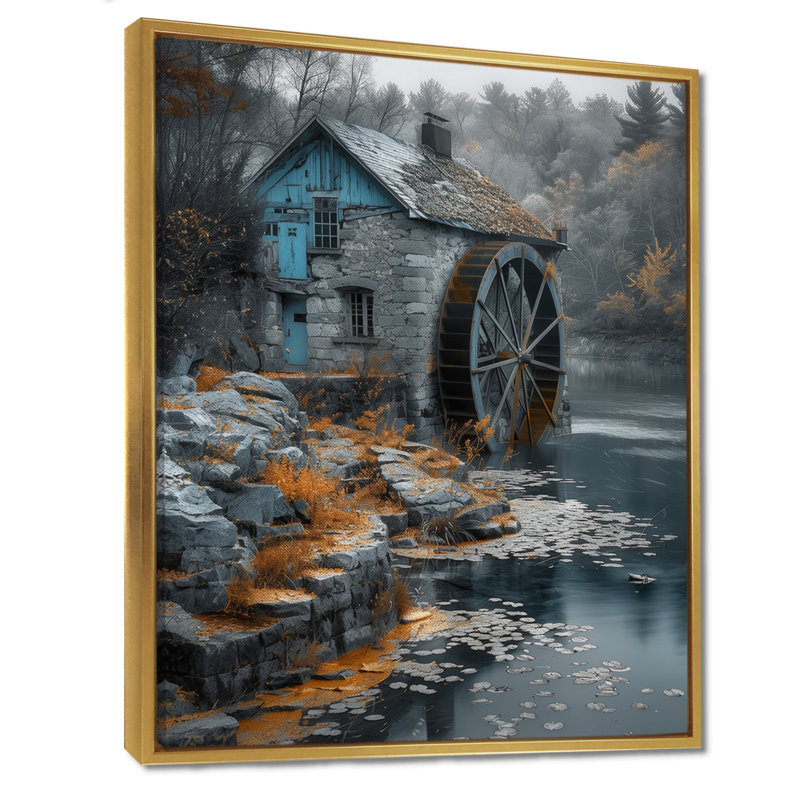Impression sur toile grise, bleu, hiver, roue à eau, moulin Wonder Mills, H 30 po x l 40 po, Cadre doré flottant, bois massif