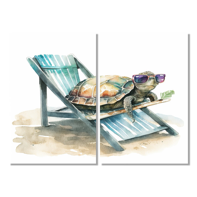 Tortue couchée sur une chaise de plage avec lunettes de soleil II - animaux, impressions sur toile, H 36 po x l 48 po