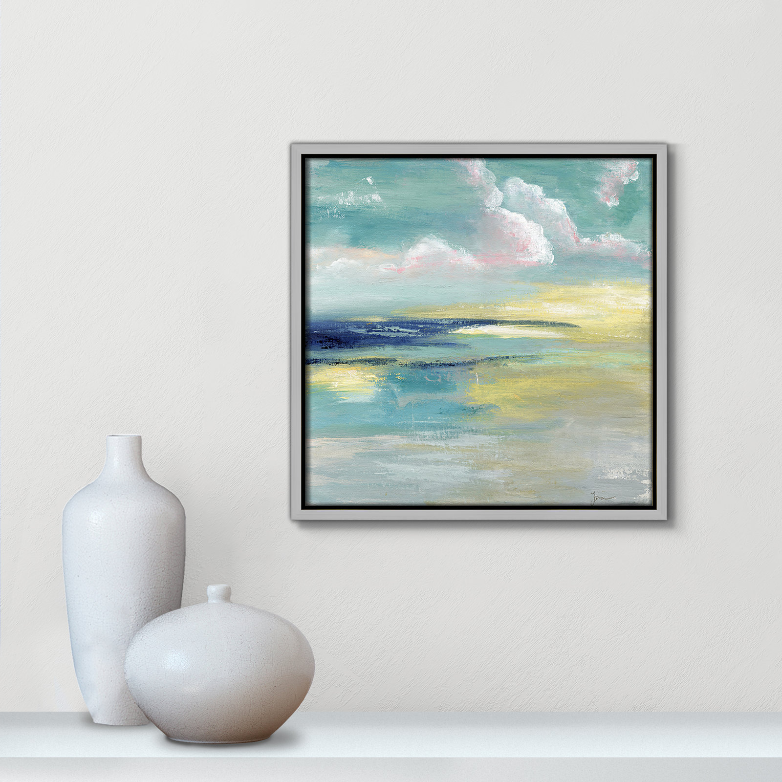 Bertie "Ocean View" Painting by Tava Studios, Silver Framed Canvas, 13.5" H x 13.5" W x 2" D