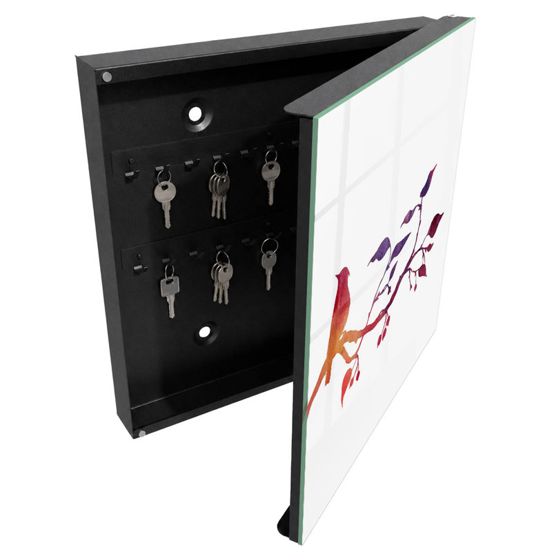 Key cabinet for home, Opens to the right, 30x30x5, White, A bird on a branch in red and purple colors, 