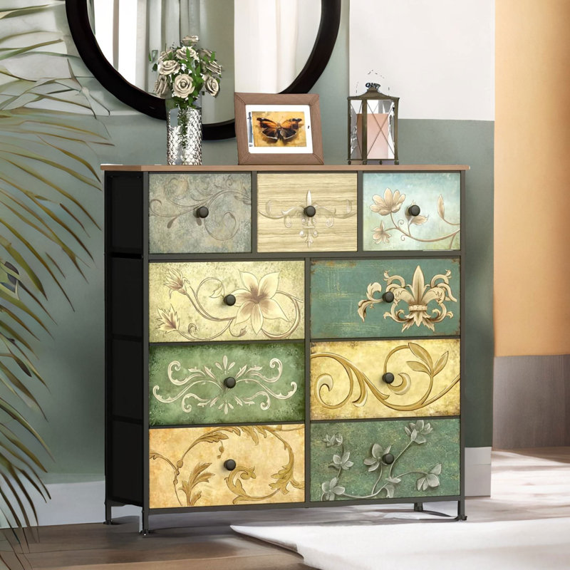 9 Fabric Drawer Bedroom Dresser With Floral Patterns Storage Organiser