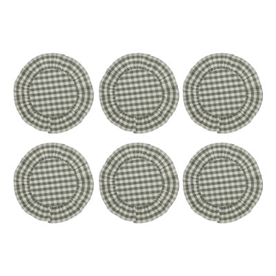 Rosehill Cottage Green Gingham Round Ruffled Cotton Placemats - Set of 6 - 15in Green & Natural Table Mats