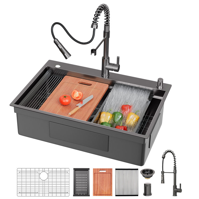 Évier de cuisine en cascade 33 po avec robinet escamotable noir