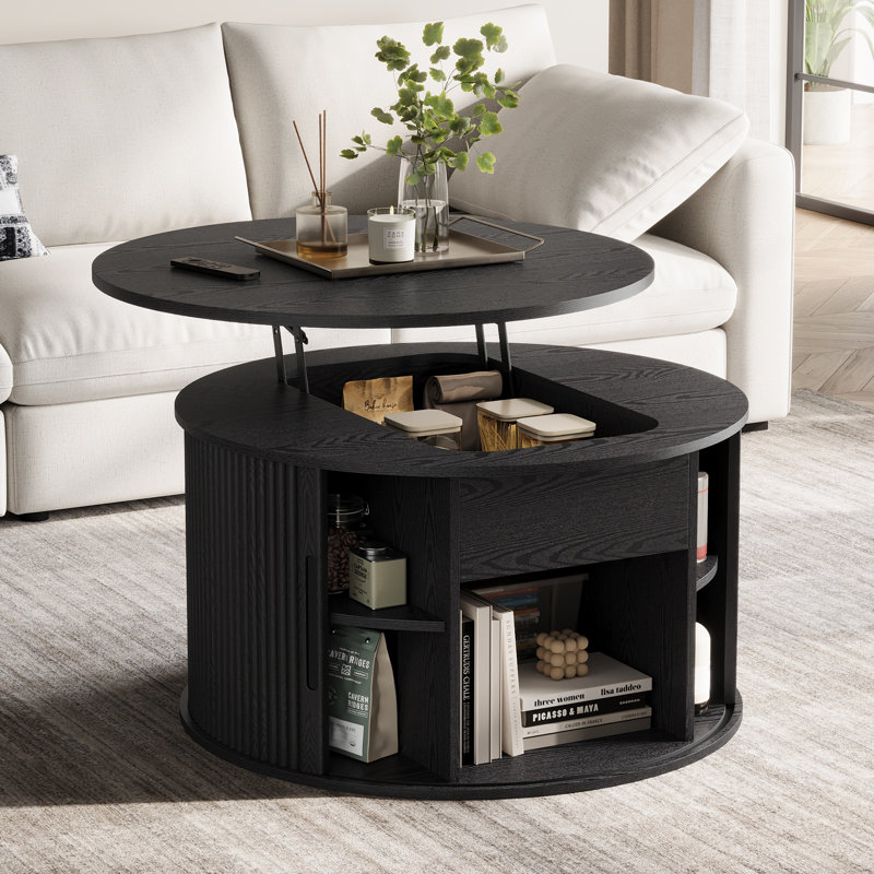 Table basse ronde avec grand rangement Leathia, Noir, Standard Top/1 Cabinet