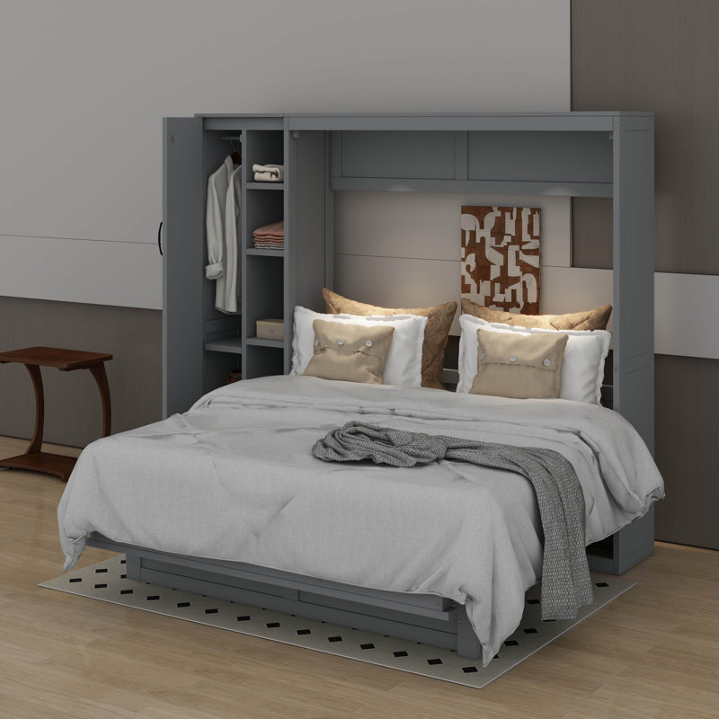 Lit escamotable mural Murphy avec tablettes, garde-robe et lumières DEL, Gris, Grand lit