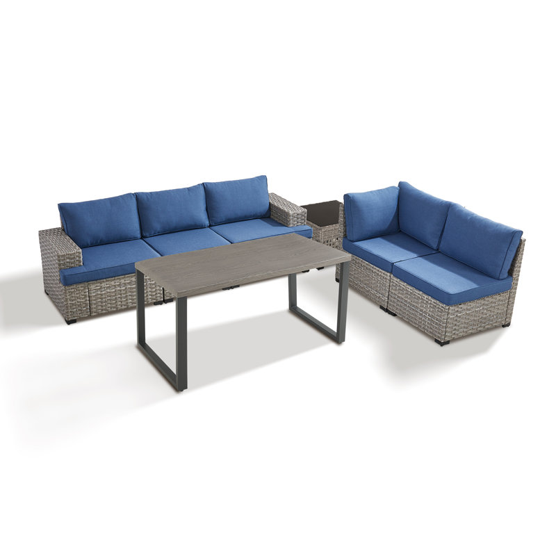 Clute Arnoltice 5 - Person Outdoor Wicker Rattan Patio Sofa Seating Group With Armless Chairs And Dining Table, Blue