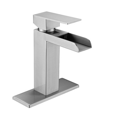 Robinet de salle de bain élégant en nickel brossé - Cascade à une poignée avec plaque de pont et robinet d'évier