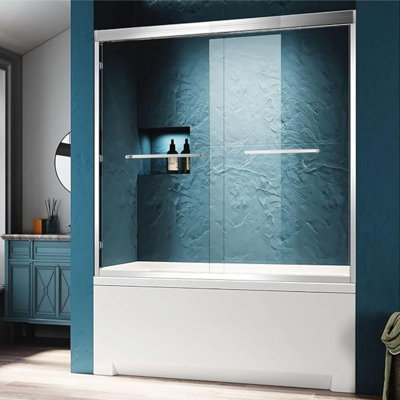 Porte de douche à double cuve coulissante l 56 à 60 po x H 60 po, cadre en alliage d'aluminium chromé, verre trempé clair de 1/4 po (6 mm) d'épaisseur