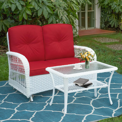 Winston Porter Outdoor Wicker Patio Glider Set, Loveseat For 2 Person Porch Furniture Glider With Glass-Top Coffee Table, Patio Glider Rocking Bench With Thickened Cushions, White Wicker
