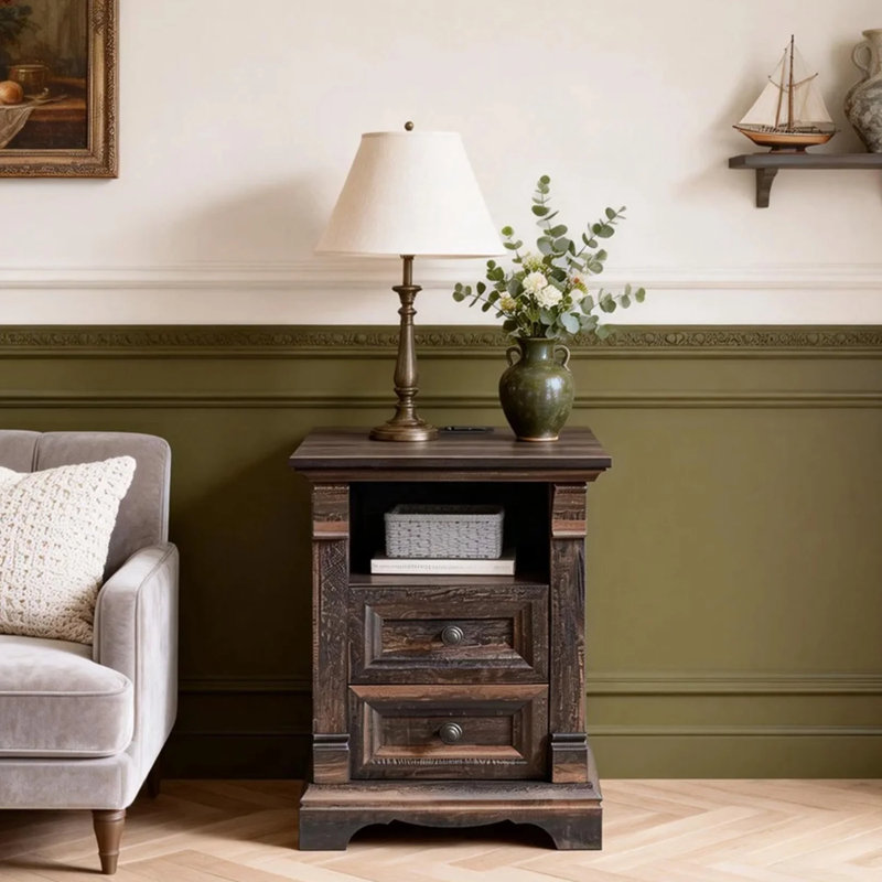 Table de chevet 18 po avec charge intégrée et 2 tiroirs, Dark Rustic Oak