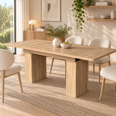 Table de salle à manger extensible moderne pour 4 à 8 personnes, table de cuisine et de salle à manger avec rallonge amovible, pieds cannelés ondulés, coins arrondis
