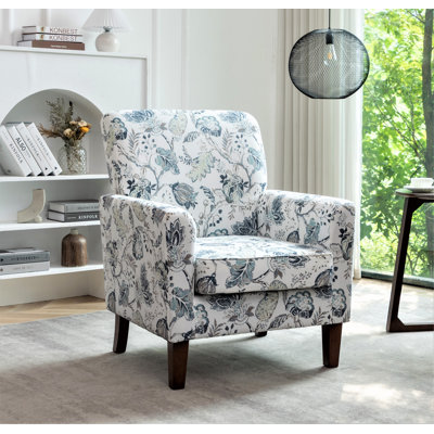 Patterned Polyester Blend Armchair, Solid Birch Wood Frame with Brown Tapered Legs, Foam Padded Accent Chair with Trim Detail for Living Room Office