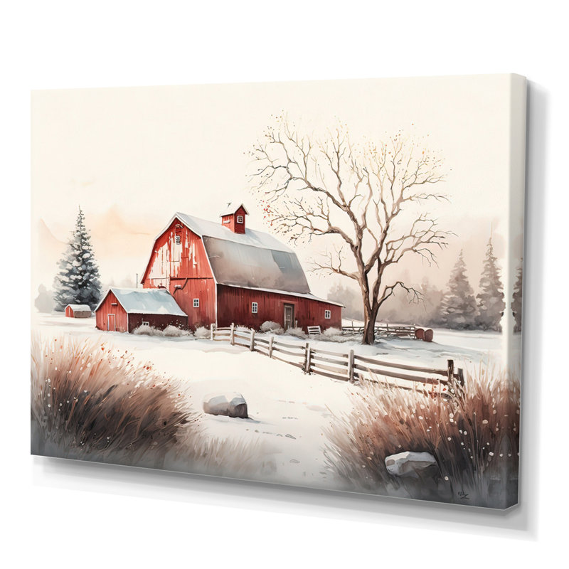 Calm Red Barn In Winter V - ferme / campagne, art mural sur toile, H 16 po x l 32 po x P 1 po, Toile tendue