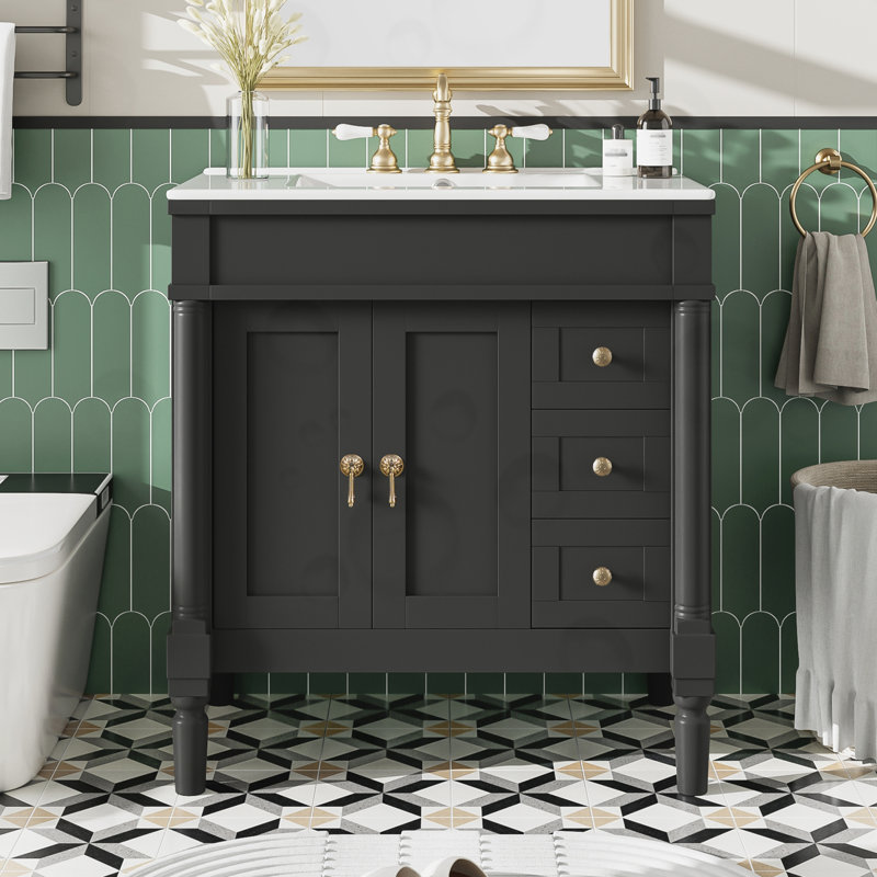 Meuble-lavabo avec 2 portes, 3 tiroirs et tablette réglable, Noir / or