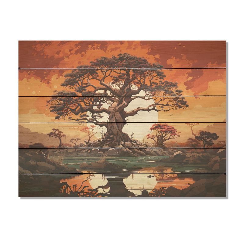 Baobab africain au coucher du soleil I - Art Baobab sur bois de pin naturel, H 30 po x l 40 po