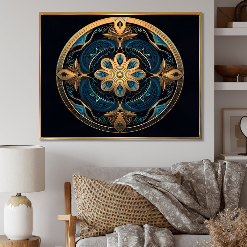 Ancienne Atlantis Mandala en or et turquoise I, reproduction sur toile, H 24 po x l 32 po x P 1 po, Cadre flottant doré