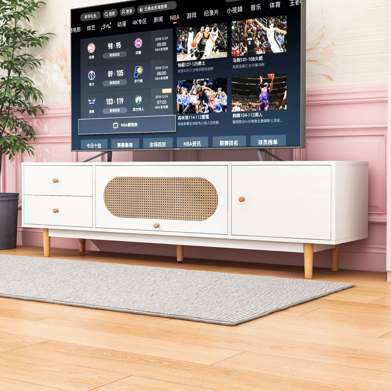 Elegant Wooden TV Stand with Rattan Panel, Solid-Wood Legs and Ample Storage for TVs Up to 80 Inches