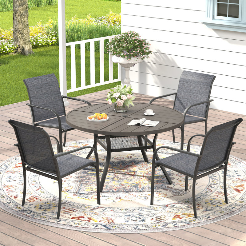 4-Person Patio Dining Set with Round Dining Table and 4 Stackable PVC-coated polyester Armrest Chairs, Brush Wood Gray/Cream