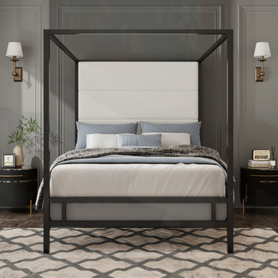 Modern Canopy Bed With Upholstered Headboard