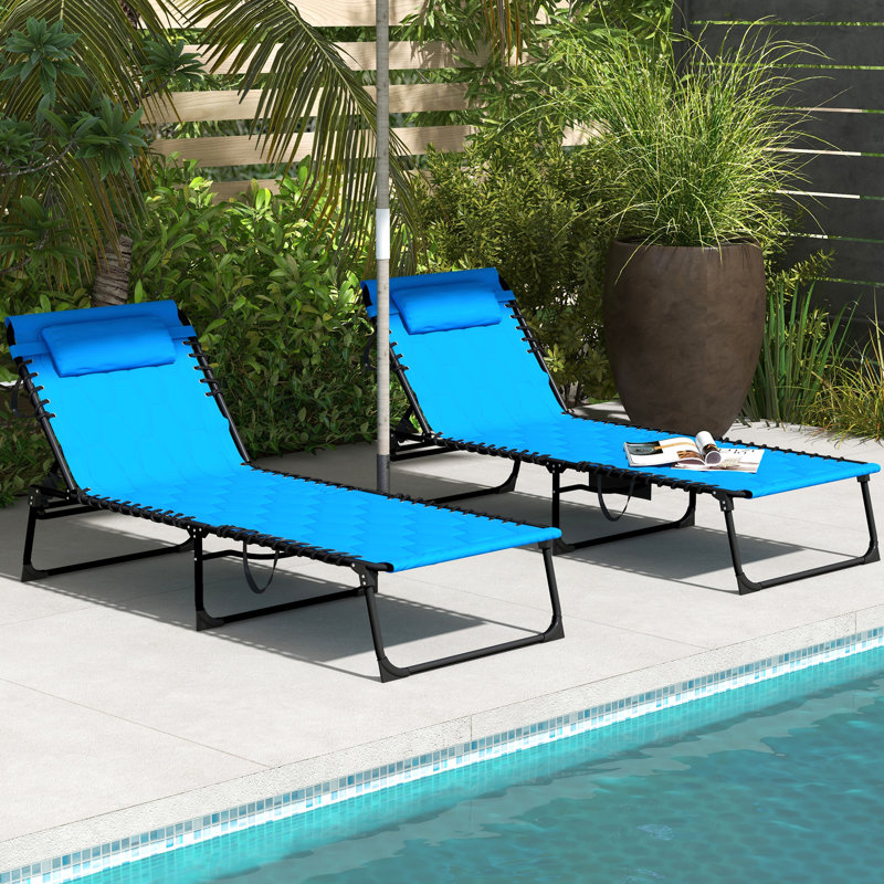 Méridienne pliante pour bronzage de patio - bleu avec dossier inclinable à 5 niveaux, siège rembourré, poche latérale et pour la plage, 5 niveaux pour l'extérieur