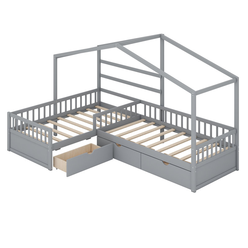 Lit plateforme House avec trois tiroirs de rangement, Gris