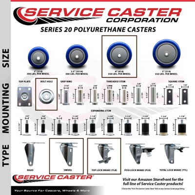 Polyurethane Caster -  Service Caster, SCC-BH20S414-PPUB-BLUE-TLB-4