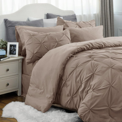 Bedsure Cal King Burgundy Pintuck Bed-in-a-Bag - Khaki Pinch Pleat Comforter Set with Sheets, Pillowcases & Shams (Set of 7)