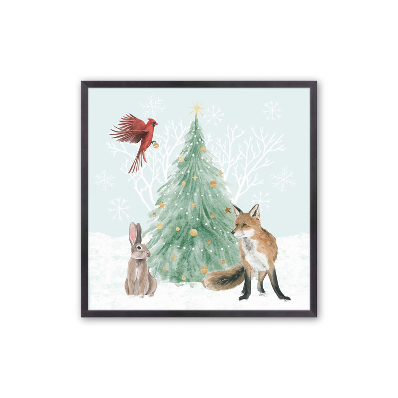 Faune hivernale avec arbre de Noël I, H 13,75 po x l 13,75 po x P 1,25 po, Cadre simple en zinc patiné