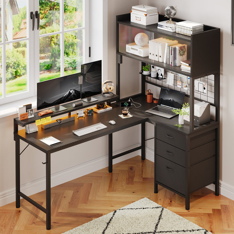 L-Shaped Metal Base Computer Desk, Black