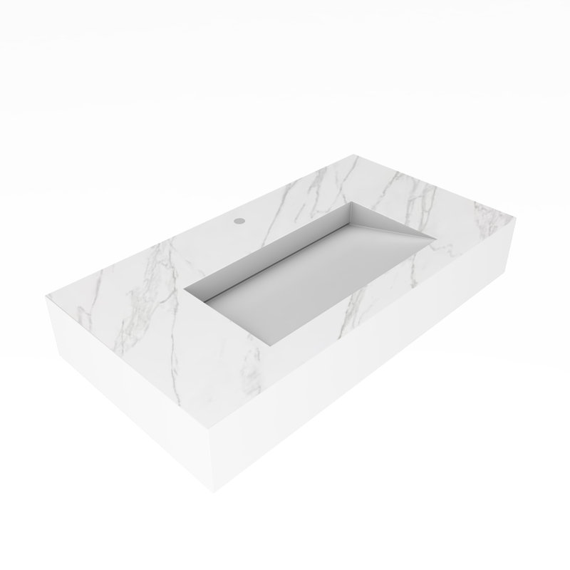 Pyramid 36" Wall Mounted Rectangular Solid Surface Bathroom Sink in Matte Finish - Marble White, With Faucet Hole, Single
