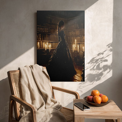 Gothic “Woman in Gown at Candlelit Library” Historical Canvas Wall Art Stretched Frame for Eclectic Studio