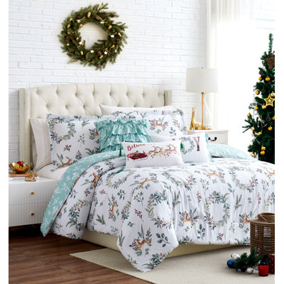 Happy Holidays White/Mint Microfiber Reversible Comforter Set