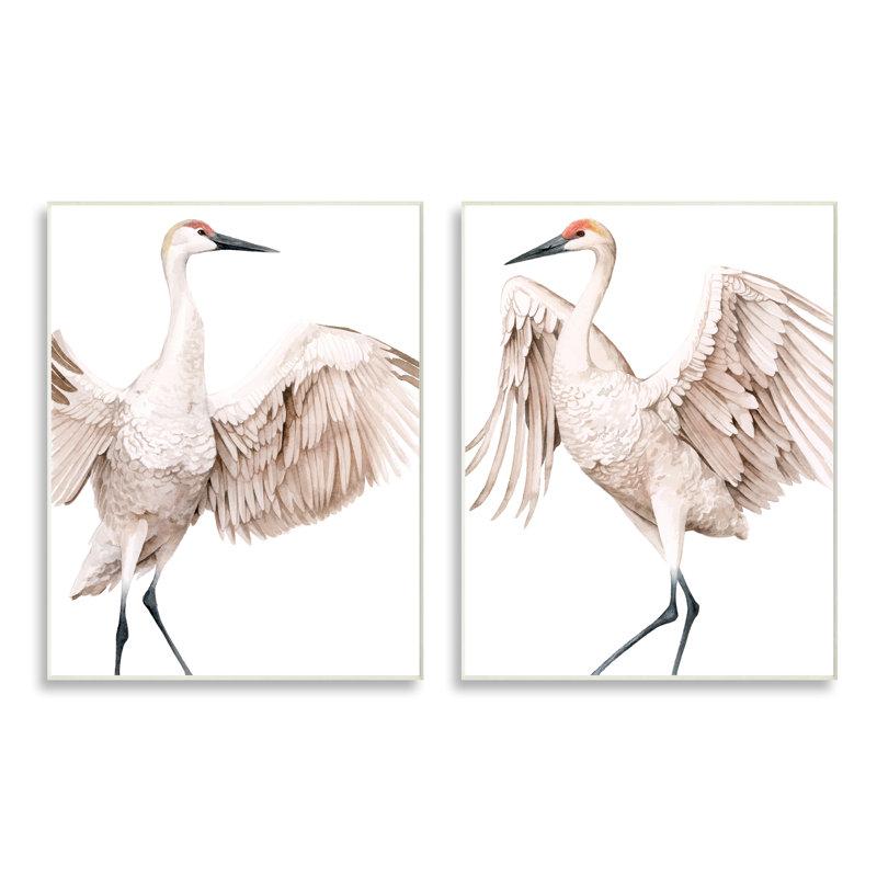 Illustration d'une simple grue blanche à ailes ouvertes par Grace Popp - ensemble de 2 peintures, Plaque murale
