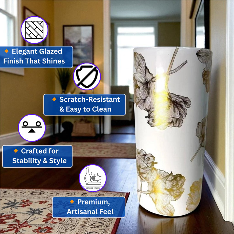 44cm Ceramic Umbrella Stand - Hand-Finished Freestanding Walking Stick Holder Decorative Entryway Hallway Home Décor