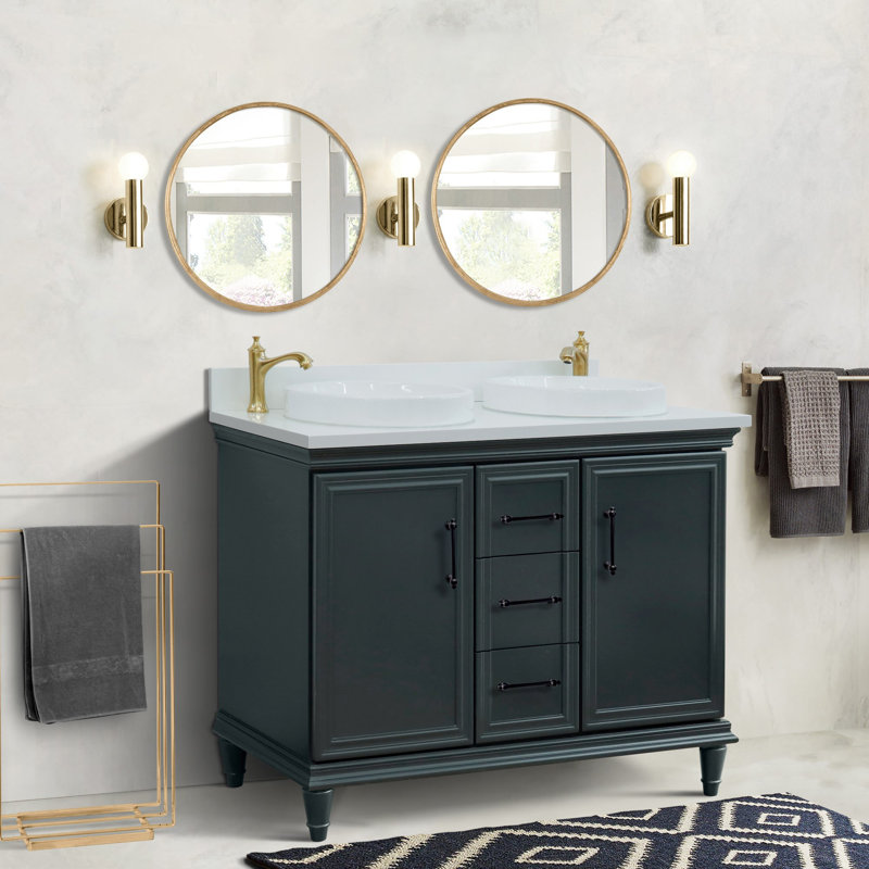 Meuble-lavabo double 49 po et lavabo rond, Quartz blanc