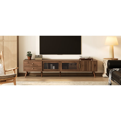 76" Wood - Grain Tv Stand With Glass Doors For 85 Inch Tvs, Entertainment Console In Bedroom, Smooth Functionality And Elegant Design Modern Minimal Compatible Media Drawer Rails Cable Management