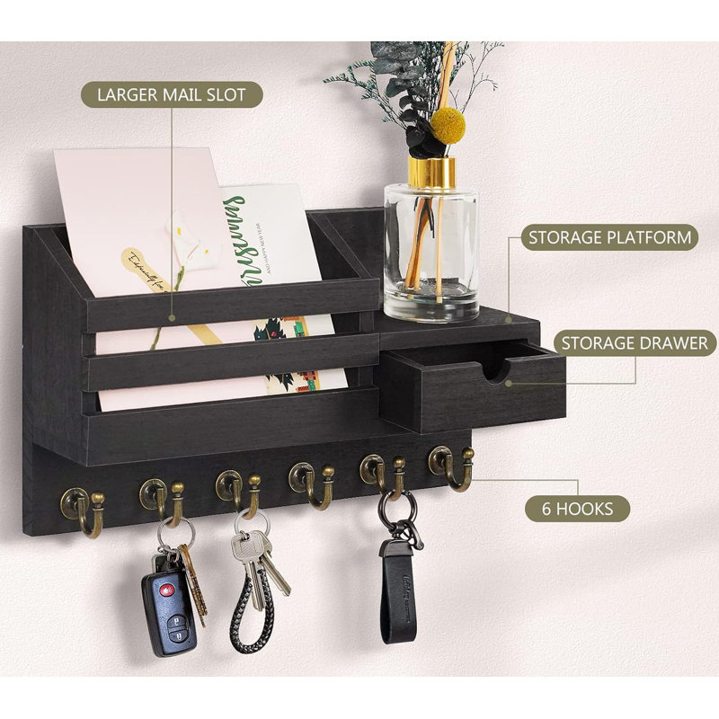 Black Rustic Wall-Mounted Key and Mail Organizer with Hooks and Drawer