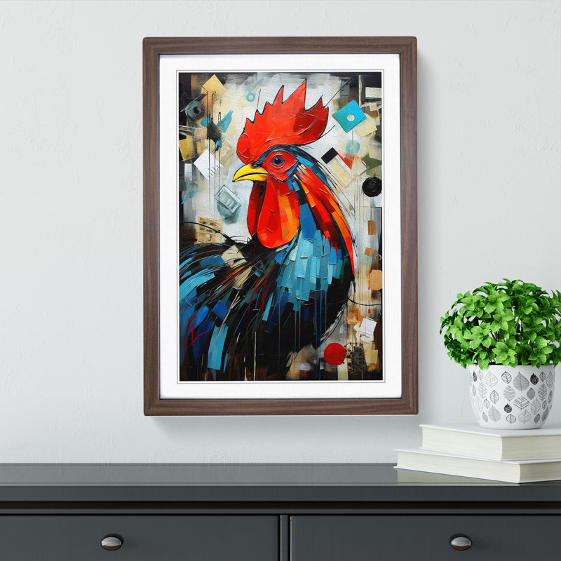 Rooster Dadaism No.3 - Single Picture Frame Print on Wood, Walnut, 46cm H x 34cm W x 2cm D