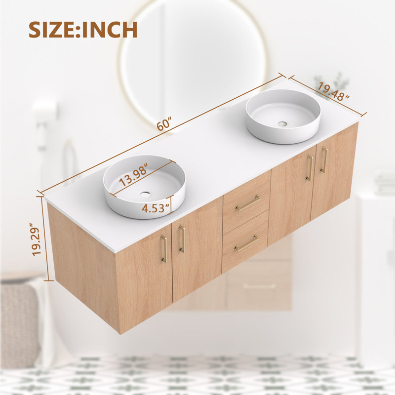 60" Double Floating Bathroom Vanity With Sink Combo