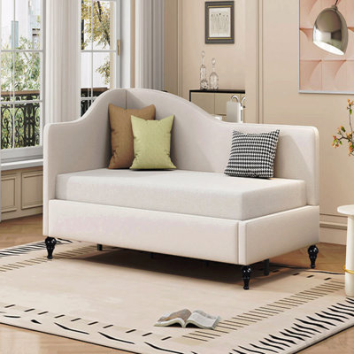 Twin Size L-Shaped Linen Daybed, With Solid Wood Legs, Beige
